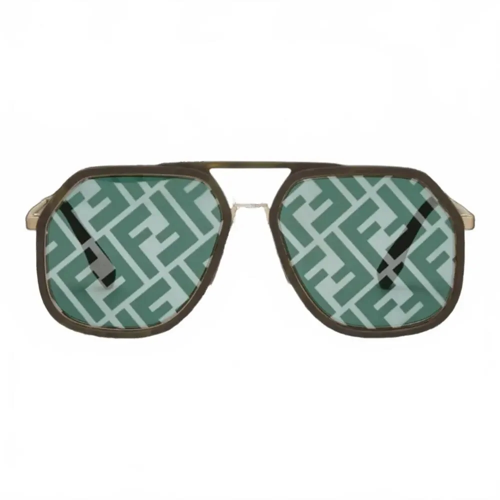 Fendi Zucca FF-Monogram Green Lens Round Aviator Sunglasses Green Havana - Picture 2 of 9